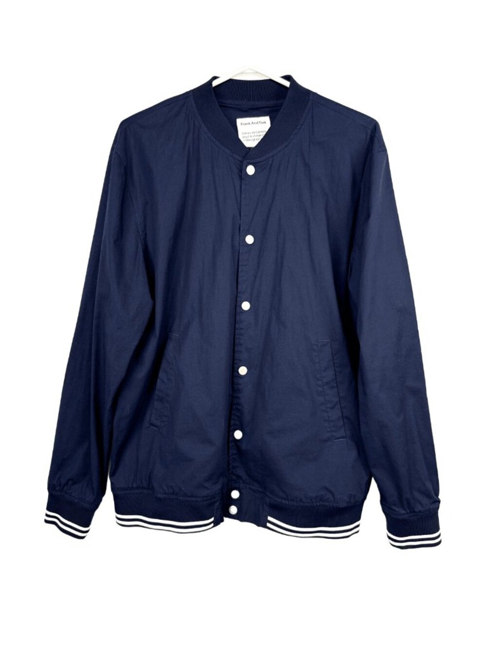 FRANK & OAK Cotton Stretch Snap Front Rib Striped Trim Navy Bomber Jacket Size L